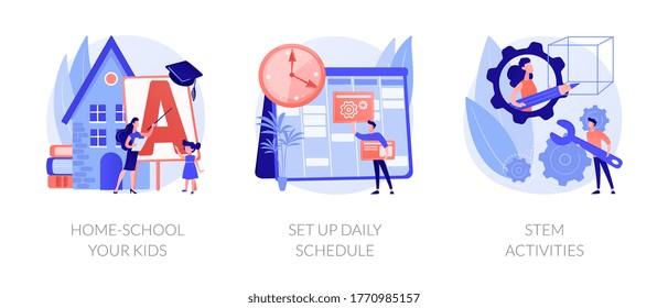 Remote Home Education Abstract Concept Vector Illustration Set. Home-school Your Kids, Set Up Daily Schedule, STEM Activities, Quarantine Learning Daily Routine, Study Calendar Abstract Metaphor.