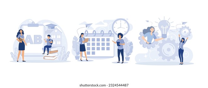 Remote home education concept,  Home-school your kids, set up daily schedule, STEM activities, set flat vector modern illustration