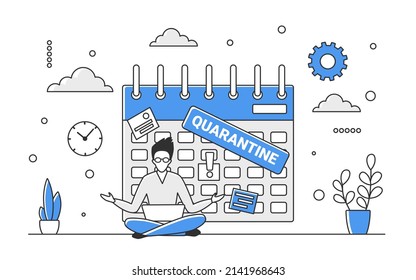 Remote home working on quarantine self isolation. Cozy house workstation, preventing virus spreading measure vector monocolor illustration