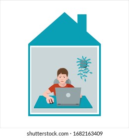 Remote home-based online training. A schoolboy with a laptop sits at a table in his house and listens to a school lesson. Vector flat illustration. The concept of individual and distance learning.