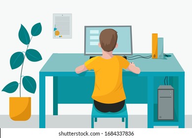 Remote home-based online training. A schoolboy with a computer sits at a table in his house and listens to a school lesson. Vector flat illustration. The concept of individual and distance learning.
