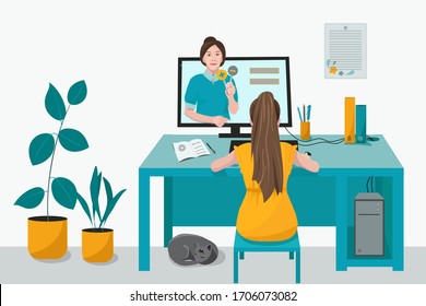 Remote home-based online training. A schoolgirl with a computer sits at a table in his house and listens to a school lesson. Vector flat illustration. The concept of individual and distance learning.