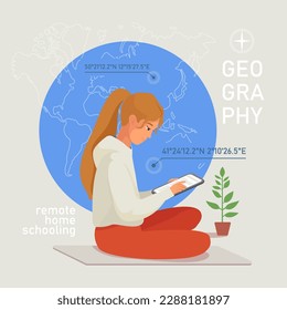 remote homeschooling geography, girl study online at home, education, sitting on the floor with tablet 