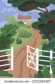 Casa remota en la naturaleza. Hogar de campo con sendero, verja abierta, wicket. Mansión rural aislada, antiguo edificio rural, finca en un clima turbio y nublado. Ilustración vectorial plana