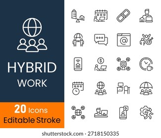 Iconos de trabajo remotos e híbridos para trabajos flexibles, Equipos virtuales y colaboración de oficina, símbolos de Vector limpio para App empresariales, paneles y UI UX