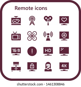 remote icon set. 16 filled remote icons.  Collection Of - Television, Antenna, Automaton, Drone, Signal, Advise, Teleoperator