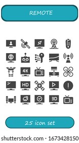 remote icon set. 25 filled remote icons. Included Television, Signal, Remote control, Electronic key, Drone, Advise icons