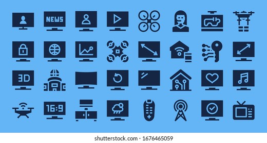 remote icon set. 32 filled remote icons. on blue background style Simple modern icons such as: Television, Drone, Remote control, Teleoperator, Smart home, Antenna, Electronic key