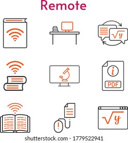 Remote-Icon-Set. enthält Hörbuch, Desktop, PDF, Hausaufgaben, Mathematik, Buch, Klicken, Mikroskop-Symbole. Bicolor-Stile.