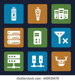 Remote icons set. set of 9 remote filled icons such as remote control, no signal, medical drone