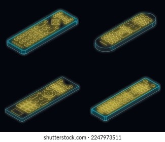 Remote icons set. Isometric set of remote vector icons neon isolated on black background