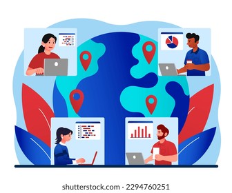 Remote international workers. Men and women sit at laptops against backdrop of world map. Analysts hold video conference, brainstorming. Colleagues and partners. Cartoon flat vector illustration