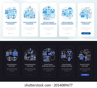 Remote internship areas onboarding mobile app page screen. Business, IT walkthrough 5 steps graphic instructions with concepts. UI, UX, GUI vector template with linear night and day mode illustrations