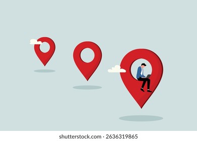Remote job or distance work, businessman utilizing a laptop remotely with a location map pin.