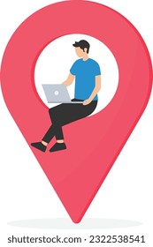 Remote job or distance work, Virtual office or working anywhere, Freelancer or online office, Oversea employee,Working remotely with computer laptop on location map pin

