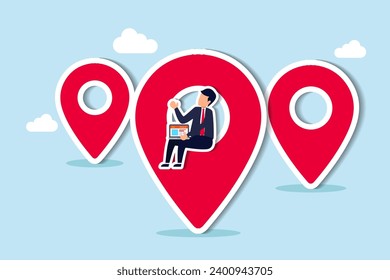 Remote job or distance work, virtual office or working anywhere, freelancer or online office, oversea employee concept, businessman working remotely with computer laptop on location map pin.