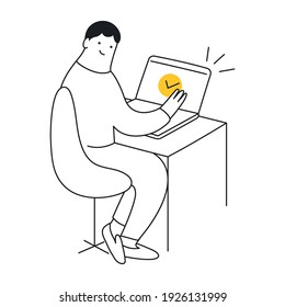 Remote Job, Job Done Well, Do Work Via The Internet. Cute Cartoon Businessman Finished The Task, Receive Approval On The Computer Monitor. Thin Line Elegance Vector Illustration On White.