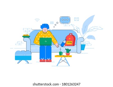 Remote job, e learning semi flat RGB color vector illustration. Young freelancer, student with laptop isolated cartoon character on white background. Distant work, online education at home
