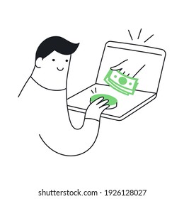 Remote Job, Freelance, Receiving Money Via The Internet. Cute Cartoon Man Receiving Dollars Through The Computer Monitor. Thin Line Elegance Vector Illustration On White.