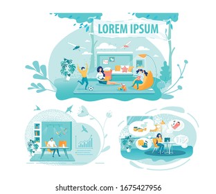 Remote Job, Freelance Vector Illustrations Set. Adult People with Computers Cartoon Characters. Busy Mom Babysitting and using Laptop. Guy Working with Computer. Freelancer Thinking about Housework