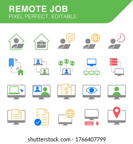 Remote job, home office, work from home. Vector line icon set. Editable illustration. Business pictogram. Colored.