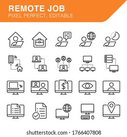 Remote Job, Home Office, Work From Home. Vector Line Icon Set. Editable Illustration. Business Pictogram.