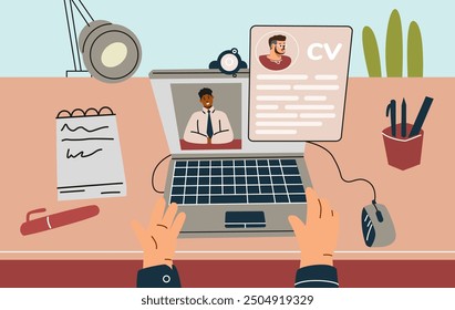 Remote job interview. Vector illustration of hands typing on laptop with video call and resume on screen, desk with lamp, notepad, pen, mouse, and potted plants.