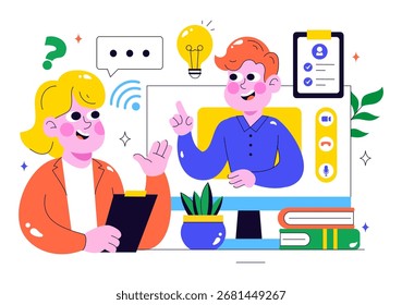 Remote Job Interview via Video Call Illustration Featuring HR and Candidate Communication for Recruitment and Hiring in Remote Work in a Background