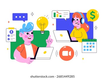 Video Entrevista de trabajo remoto a través de la ilustración de la llamada que presenta la comunicación de recursos humanos y candidatos para la contratación y contratación en trabajo remoto en segundo plano