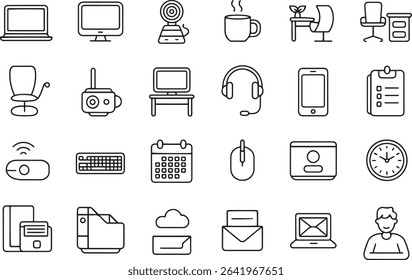 Remote Job Line Icons Set. Work From Home, Telecommuting, Virtual Meeting, Productivity. Vector Illustration. Editable Stroke