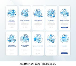 Remote job software features onboarding mobile app page screen with concepts set. Perfect usability, uptime SLA walkthrough 5 steps graphic instructions. UI vector template with RGB color illustration