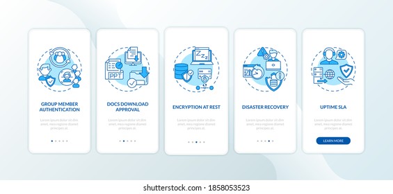 Parámetros de seguridad de herramientas de trabajo remoto en la pantalla de la página de aplicaciones móviles con conceptos. Paseo de aprobación de descarga de docs: 5 pasos de instrucciones gráficas. plantilla de vector de interfaz de usuario con ilustraciones de color RGB