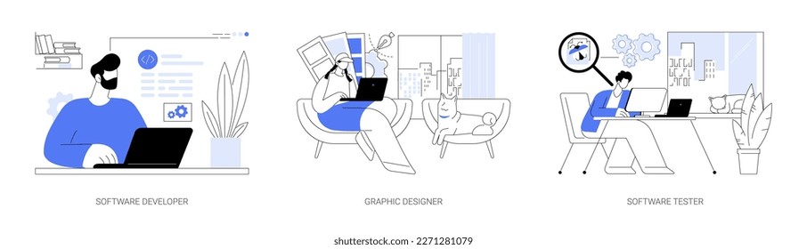 Remote IT jobs abstract concept vector illustration set. Software developer, graphic designer, software tester, self-employed professionals, digital nomad, work from home abstract metaphor.