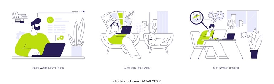 Conjunto de Ilustración vectorial de concepto abstracto de trabajos de TI remotos. Desarrollador de software, diseñador gráfico, probador de software, profesionales autónomos, nómada digital, trabajo desde casa metáfora abstracta.