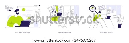 Remote IT jobs abstract concept vector illustration set. Software developer, graphic designer, software tester, self-employed professionals, digital nomad, work from home abstract metaphor.