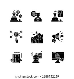 Remote jobs black glyph icons set on white space. Design, transcription and HR management, web research. Illustrator and social media coordinator. Silhouette symbols. Vector isolated illustration