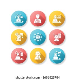 Remote jobs flat design long shadow glyph icons set. Technical and admin support, SEO and marketing. Photography and video editing, data entry jobs. Silhouette RGB color illustration
