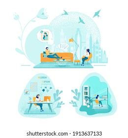Trabajos remotos, Ilustraciones de vectores independientes. Mujer trabajadora independiente, pareja joven y madre con personajes de dibujos animados para bebés. Empresas en línea, elementos modernos de diseño de emprendimiento en Internet