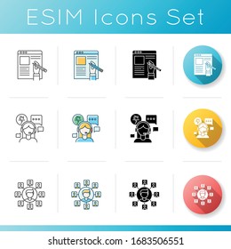 Remote jobs icons set. Technical support, SEO and copywriting. Freelance manager, article author and call centre operator. Linear, black and RGB color styles. Isolated vector illustrations