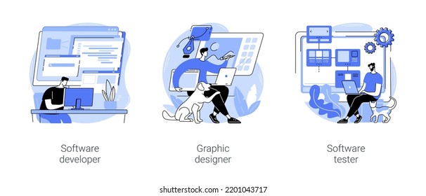 Remote IT Jobs Isolated Cartoon Vector Illustrations Set. Software Developer Working Remotely, Graphic Designer Drawing Logo At Home, Concentrated Man Testing Software Using Computer Vector Cartoon.