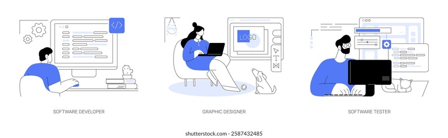 Remote IT jobs isolated cartoon vector illustrations set. Software developer working remotely, graphic designer drawing logo at home, concentrated man testing software using computer vector cartoon.