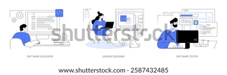 Remote IT jobs isolated cartoon vector illustrations set. Software developer working remotely, graphic designer drawing logo at home, concentrated man testing software using computer vector cartoon.
