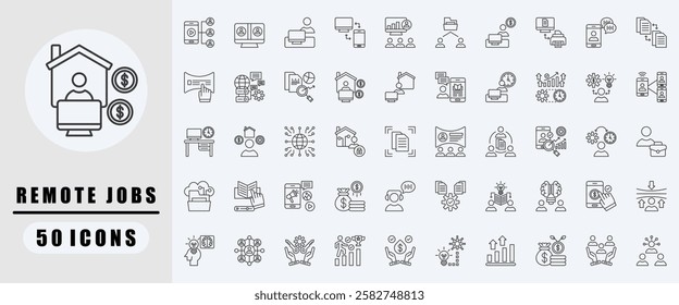 Remote Jobs outline icon set. Covers Video Conference, Virtual Meeting, Remote Worker, Remote Access, Online Presentation, Files Exchange, freelancer. Simple vector illustration.