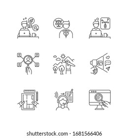 Remote jobs pixel perfect linear icons set. Creative and graphic design, HR management, web research. Customizable thin line contour symbols. Isolated vector outline illustrations. Editable stroke