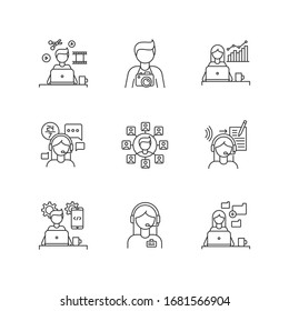 Remote Jobs Pixel Perfect Linear Icons Set. Technical And Admin Support, Marketing. Data Entry Jobs. Customizable Thin Line Contour Symbols. Isolated Vector Outline Illustrations. Editable Stroke