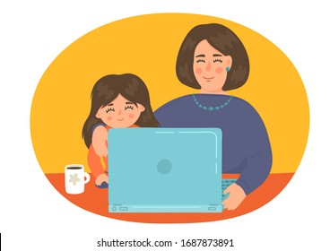 Remote learning. Distance education. Mother helps daughter to study using computer. Homeschooling.