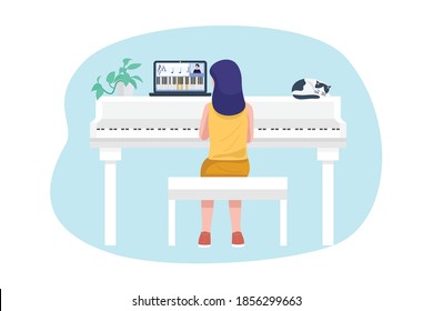 Remote learning from home concept, A girl having piano lessons over a video call. Vector