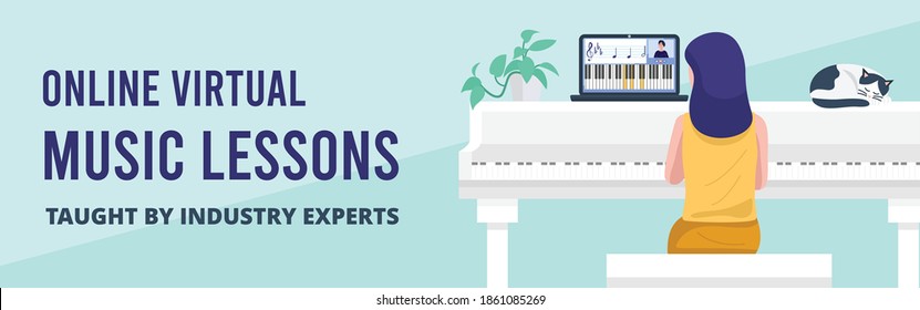 Remote learning from home concept, A girl having piano lessons over a video call. 
