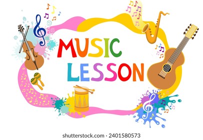 Remote learning from home concept. Music lesson typographic header. Vocal and solfeggio class. Musical template. Horizontal musical frame. Online music tuition. Classical education. Flat vector 