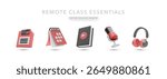 Remote Learning Icons Including Calendar, Microphone, Headphones, Book And Save Button In 3D Cartoon Style. Minimal Design For Online Education. Vector Illustration.